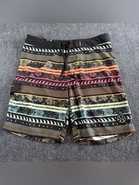 Maui and Sons Board Shorts Mens 38 Black Multicolor 4 Way Stretch Swim Trunks